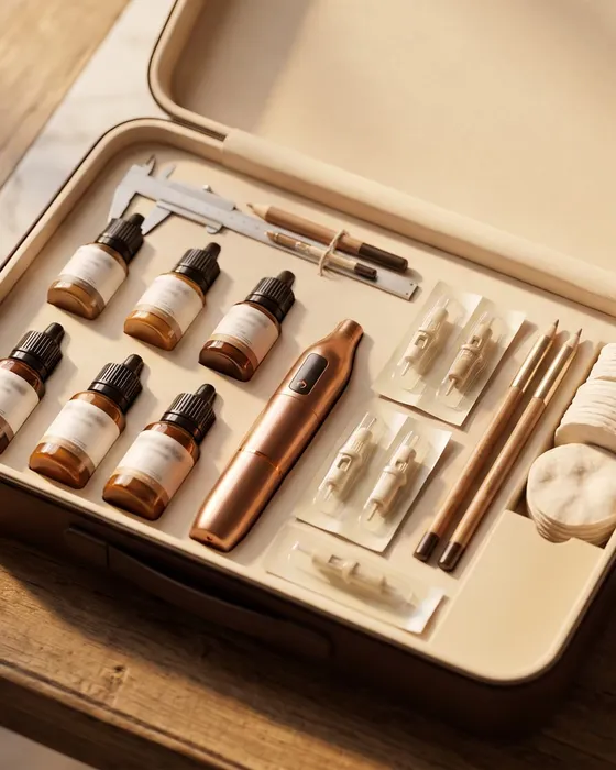 Mallette de kit professionnel de dermopigmentation ouverte, pigments et dermographe soigneusement disposés