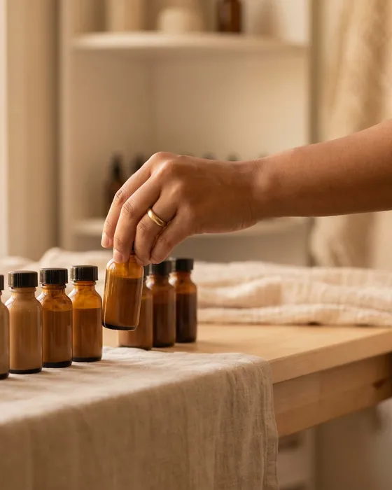 Main sélectionnant avec soin les flacons de pigments professionnels utilisés par Awa